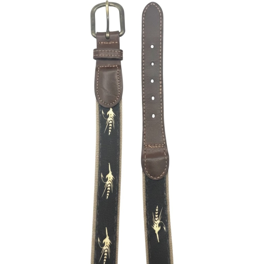 Croakies Fly Fishing Web Belt Mens 40 Brown Leather Canvas USA Made Lure Pattern
